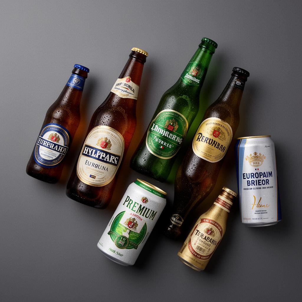 Premium European beer bottles and cans
